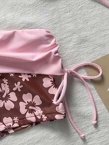 Elavelle 女款柔粉色與棕色拼接花卉兩件式泳衣，掛脖式比基尼，修身遮蓋設計 - 彩色 - 查看 8