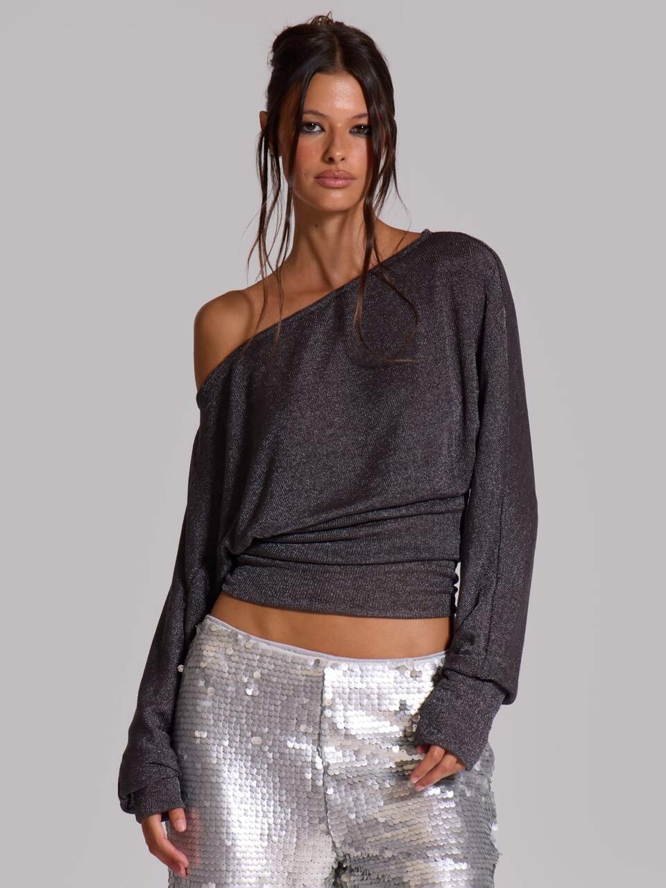 Grey Knit One Shoulder Cinched Waist Jumper
