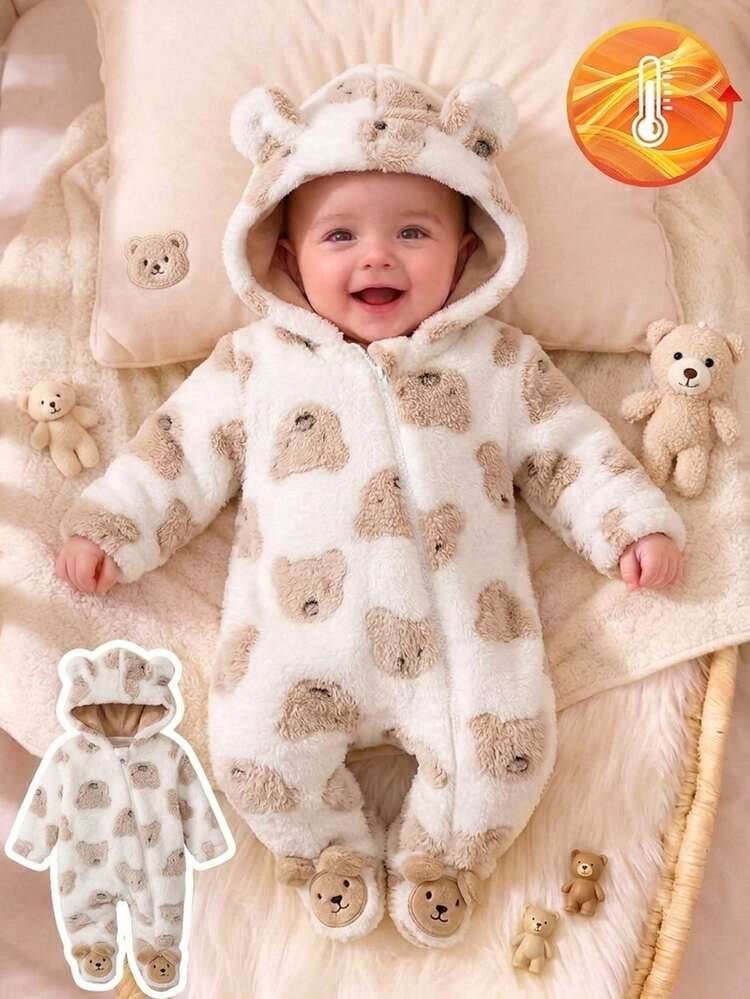 SHEIN Pelele de una pieza con capucha para recién nacido, estampado de lazo rosa lindo en franela, cómodo y amigable con la piel para bebé gateador - Blanco - Añade 2