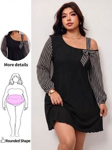 SHEIN Clasi Vestido de talla grande con estampado de rayas en contraste y cuello asimétrico - Multicolor - Ver 1