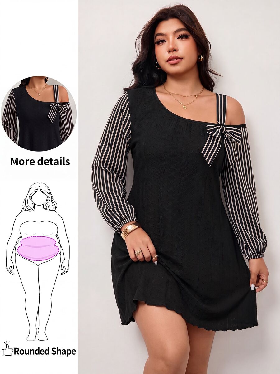SHEIN Clasi Vestido de talla grande con estampado de rayas en contraste y cuello asimétrico - Multicolor - Ver 1