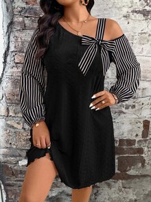 SHEIN Clasi Vestido de talla grande con estampado de rayas en contraste y cuello asimétrico - Multicolor - Ver 4