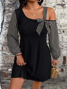 SHEIN Clasi Vestido de talla grande con estampado de rayas en contraste y cuello asimétrico - Multicolor - Ver 6