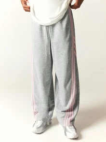 SUMWON Wide Leg Sweatpants With Triple Pink Side Stripe Detail Drawstring Waist Relaxed Fit Full Length Casual Loungewear Trousers - Grey - View 4