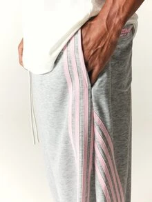 SUMWON Wide Leg Sweatpants With Triple Pink Side Stripe Detail Drawstring Waist Relaxed Fit Full Length Casual Loungewear Trousers - Grey - View 5