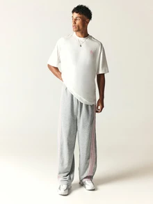 SUMWON Wide Leg Sweatpants With Triple Pink Side Stripe Detail Drawstring Waist Relaxed Fit Full Length Casual Loungewear Trousers - Grey - View 3