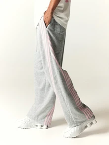 SUMWON Wide Leg Sweatpants With Triple Pink Side Stripe Detail Drawstring Waist Relaxed Fit Full Length Casual Loungewear Trousers - Grey - View 1