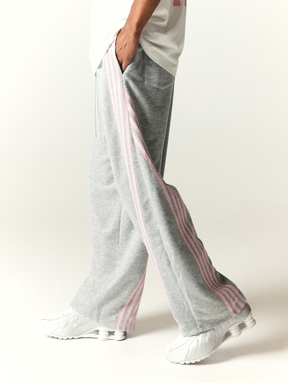 SUMWON Pantalones de chándal de pierna ancha con detalle de triple raya rosa lateral, cintura con cordón, ajuste relajado, largo completo, pantalones de ropa de estar en casa casual