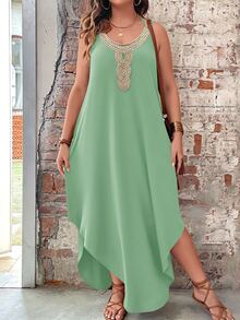 Breezaya Plus Size Women's Versatile Slimming Collar Lace Trim Long Cami Dress - Green - View 8