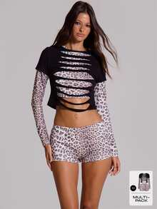 MUSERA 豹紋印花斜領分層上衣超短套裝，適合夏秋秋冬，節慶假期度假外出穿著，Pantha - 彩色 - 查看 2