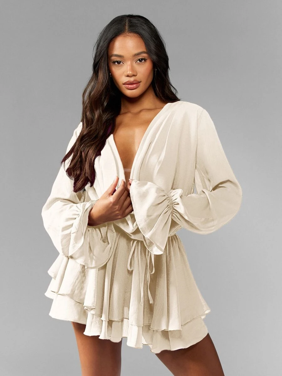 MISSGUIDED Elegant Long Sleeve Mini Dress Ruffled Tiered Chiffon Party Evening Wedding Guest Special Occasion Holiday Ball Gown Formal Wear - Cream - View 1