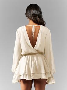 MISSGUIDED Elegant Long Sleeve Mini Dress Ruffled Tiered Chiffon Party Evening Wedding Guest Special Occasion Holiday Ball Gown Formal Wear - Cream - View 3
