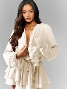 MISSGUIDED Elegant Long Sleeve Mini Dress Ruffled Tiered Chiffon Party Evening Wedding Guest Special Occasion Holiday Ball Gown Formal Wear - Cream - View 6