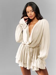 MISSGUIDED Elegant Long Sleeve Mini Dress Ruffled Tiered Chiffon Party Evening Wedding Guest Special Occasion Holiday Ball Gown Formal Wear - Cream - View 5