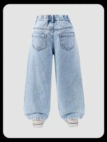 SHEIN ChillGRL 少女宽松牛仔裤 Y2K 超大款牛仔裤 阔腿牛仔裤 女童宽松牛仔裤 2025 新款美学时尚雪花水洗做旧刺绣喇叭裤 秋冬四季浅蓝色宽松牛仔裤，饰以白色和紫色刺绣 90 年代儿童圣诞节 - 淺色水洗藍 - 查看 2