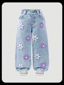 SHEIN ChillGRL 少女宽松牛仔裤 Y2K 超大款牛仔裤 阔腿牛仔裤 女童宽松牛仔裤 2025 新款美学时尚雪花水洗做旧刺绣喇叭裤 秋冬四季浅蓝色宽松牛仔裤，饰以白色和紫色刺绣 90 年代儿童圣诞节 - 淺色水洗藍 - 查看 4