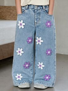 SHEIN ChillGRL 少女宽松牛仔裤 Y2K 超大款牛仔裤 阔腿牛仔裤 女童宽松牛仔裤 2025 新款美学时尚雪花水洗做旧刺绣喇叭裤 秋冬四季浅蓝色宽松牛仔裤，饰以白色和紫色刺绣 90 年代儿童圣诞节 - 淺色水洗藍 - 查看 3