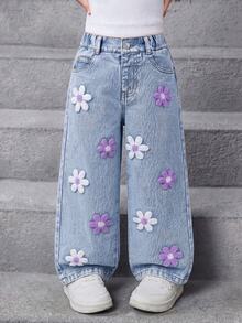 SHEIN ChillGRL 少女宽松牛仔裤 Y2K 超大款牛仔裤 阔腿牛仔裤 女童宽松牛仔裤 2025 新款美学时尚雪花水洗做旧刺绣喇叭裤 秋冬四季浅蓝色宽松牛仔裤，饰以白色和紫色刺绣 90 年代儿童圣诞节 - 淺色水洗藍 - 查看 1