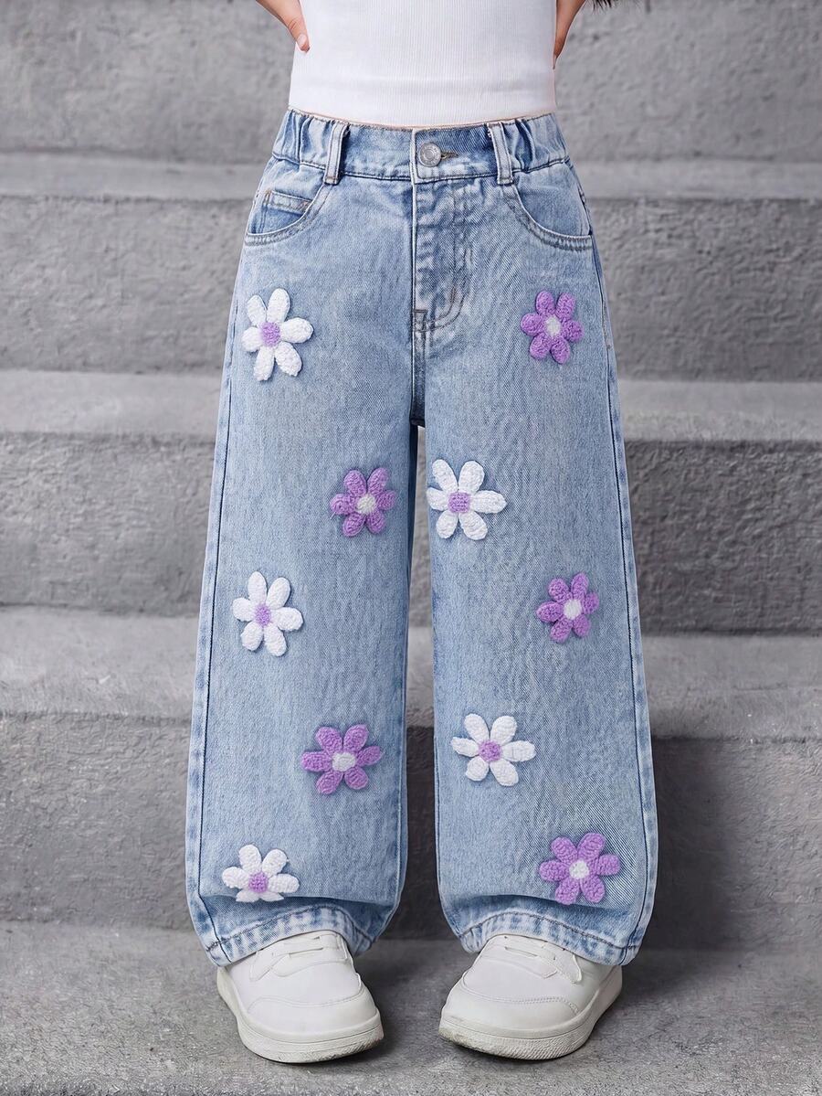 SHEIN ChillGRL 少女宽松牛仔裤 Y2K 超大款牛仔裤 阔腿牛仔裤 女童宽松牛仔裤 2025 新款美学时尚雪花水洗做旧刺绣喇叭裤 秋冬四季浅蓝色宽松牛仔裤,饰以白色和紫色刺绣 90 年代儿童圣诞节 - 淺色水洗藍 - 查看 1