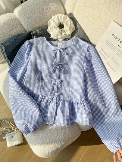 Teen Girl Round Neck Long Sleeve Casual Holiday Peplum Hem Blouse With Bow Decor, Fall Top, Cute Bow Decor, Holiday, Comfortable