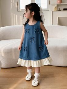 Elladie kids 女童藍色牛仔無袖洋裝，2025新款韓系森林系列，附蝴蝶結，優雅拼接甜美公主風休閒校園可愛洋裝 - 中等水洗藍 - 查看 2