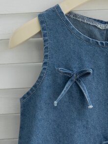 Elladie kids 女童藍色牛仔無袖洋裝，2025新款韓系森林系列，附蝴蝶結，優雅拼接甜美公主風休閒校園可愛洋裝 - 中等水洗藍 - 查看 5