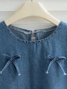 Elladie kids 女童藍色牛仔無袖洋裝，2025新款韓系森林系列，附蝴蝶結，優雅拼接甜美公主風休閒校園可愛洋裝 - 中等水洗藍 - 查看 8