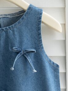 Elladie kids 女童藍色牛仔無袖洋裝，2025新款韓系森林系列，附蝴蝶結，優雅拼接甜美公主風休閒校園可愛洋裝 - 中等水洗藍 - 查看 6