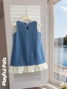 Elladie kids 女童藍色牛仔無袖洋裝，2025新款韓系森林系列，附蝴蝶結，優雅拼接甜美公主風休閒校園可愛洋裝 - 中等水洗藍 - 查看 4
