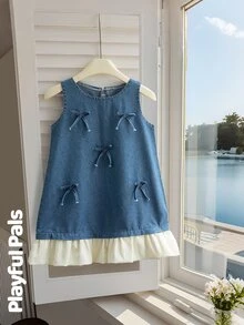 Elladie kids 女童藍色牛仔無袖洋裝，2025新款韓系森林系列，附蝴蝶結，優雅拼接甜美公主風休閒校園可愛洋裝 - 中等水洗藍 - 查看 3