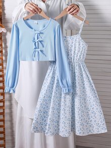 SHEIN Sparklyn 2件組青少年女孩春秋休閒羅紋針織蝴蝶結裝飾開襟衫上衣與印花細肩帶背心簡約洋裝 - 淺藍色 - 查看 1
