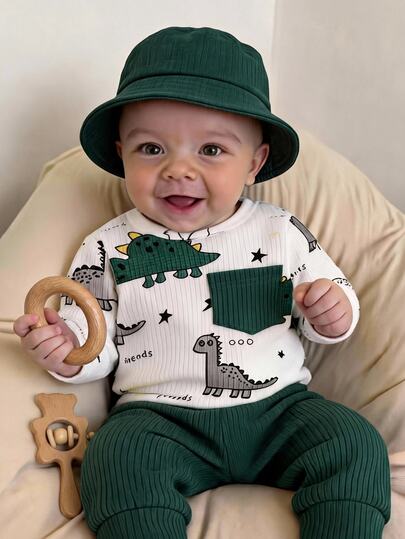 SHEIN Neugeborenes männliches Baby weißes süßes Cartoon Dinosaurier Muster Langarm Oberteil mit grüner Hose 2er Set Herbst Feiertag Lässig Mode Winter Pit Muster Outfit