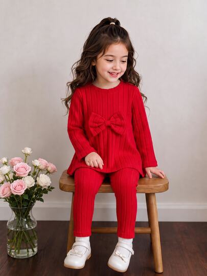 Elladie kids Baby Girl 2pcs Autumn Red Ribbed Knit Long Sleeve Bow Knot Peplum Ruffle Top And Matching Ribbed Pants Cute Toddler Outfit Fall Clothing