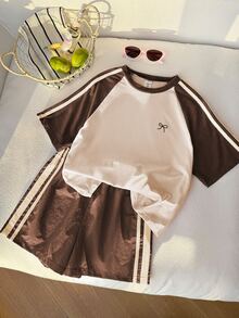 SHEIN Tween Girls 2pcs/Set Round Neck Color Block Short Sleeve T-Shirt And Shorts Mini Set, Sporty Style, Pink And Deep Green, Loose And Snug Fit Design - Brown - View 6