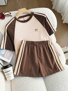 SHEIN Tween Girls 2pcs/Set Round Neck Color Block Short Sleeve T-Shirt And Shorts Mini Set, Sporty Style, Pink And Deep Green, Loose And Snug Fit Design - Brown - View 5
