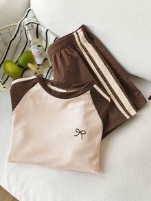 SHEIN Tween Girls 2pcs/Set Round Neck Color Block Short Sleeve T-Shirt And Shorts Mini Set, Sporty Style, Pink And Deep Green, Loose And Snug Fit Design - Brown - View 4