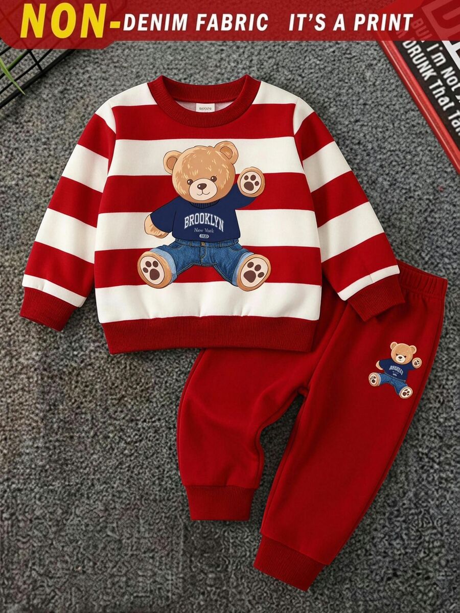 SHEIN Playful Pals 2件組 幼童男童紅白條紋學院風運動衫套裝 可愛熊圖案長袖圓領上衣&運動長褲 秋冬約會穿搭