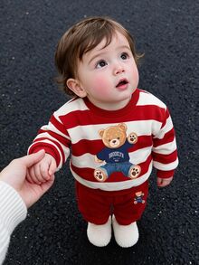 SHEIN Playful Pals 2件組 幼童男童紅白條紋學院風運動衫套裝 可愛熊圖案長袖圓領上衣&運動長褲 秋冬約會穿搭 - 紅色 - 查看 3