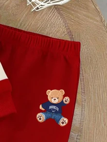 SHEIN Playful Pals 2件組 幼童男童紅白條紋學院風運動衫套裝 可愛熊圖案長袖圓領上衣&運動長褲 秋冬約會穿搭 - 紅色 - 查看 6