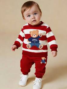 SHEIN Playful Pals 2件組 幼童男童紅白條紋學院風運動衫套裝 可愛熊圖案長袖圓領上衣&運動長褲 秋冬約會穿搭 - 紅色 - 查看 4