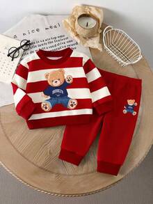 SHEIN Playful Pals 2件組 幼童男童紅白條紋學院風運動衫套裝 可愛熊圖案長袖圓領上衣&運動長褲 秋冬約會穿搭 - 紅色 - 查看 7
