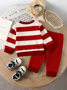 SHEIN Playful Pals 2件組 幼童男童紅白條紋學院風運動衫套裝 可愛熊圖案長袖圓領上衣&運動長褲 秋冬約會穿搭 - 紅色 - 查看 5