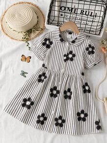 SHEIN Playful Pals 女童休闲时尚格子蝴蝶结印花泡泡袖衬衫裙，适合春夏外出、户外、上学和日常穿着 - 黑色 - 查看 2