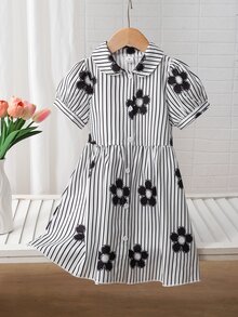 SHEIN Playful Pals 女童休闲时尚格子蝴蝶结印花泡泡袖衬衫裙，适合春夏外出、户外、上学和日常穿着 - 黑色 - 查看 5