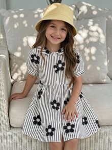 SHEIN Playful Pals 女童休闲时尚格子蝴蝶结印花泡泡袖衬衫裙，适合春夏外出、户外、上学和日常穿着 - 黑色 - 查看 1