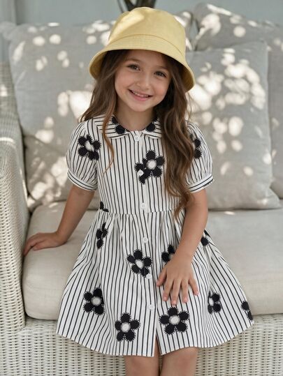 SHEIN Playful Pals 女童休闲时尚格子蝴蝶结印花泡泡袖衬衫裙，适合春夏外出、户外、上学和日常穿着