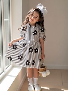 SHEIN Playful Pals 女童休闲时尚格子蝴蝶结印花泡泡袖衬衫裙，适合春夏外出、户外、上学和日常穿着 - 黑色 - 查看 6