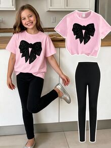 SHEIN 青少年女孩粉色夏季可愛校園時尚，亮黑色蝴蝶結圖案印花T恤與內搭褲套裝，創意極簡舒適日常穿搭 - 彩色 - 查看 2
