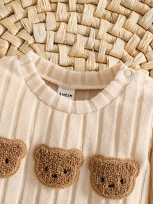SHEIN 2 件套韩版罗纹羊毛新生儿卡通熊刺绣卫衣和裤子套装，可爱、时尚、舒适、合身的长袖休闲婴儿服装 - 杏色 - 查看 7