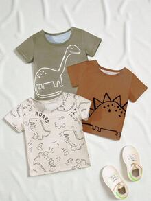 SHEIN Playful Pals 3pcs Baby Boy Dinosaur Pattern Knitted Short Sleeve T-Shirt Set, Spring/Summer - Brown - View 3